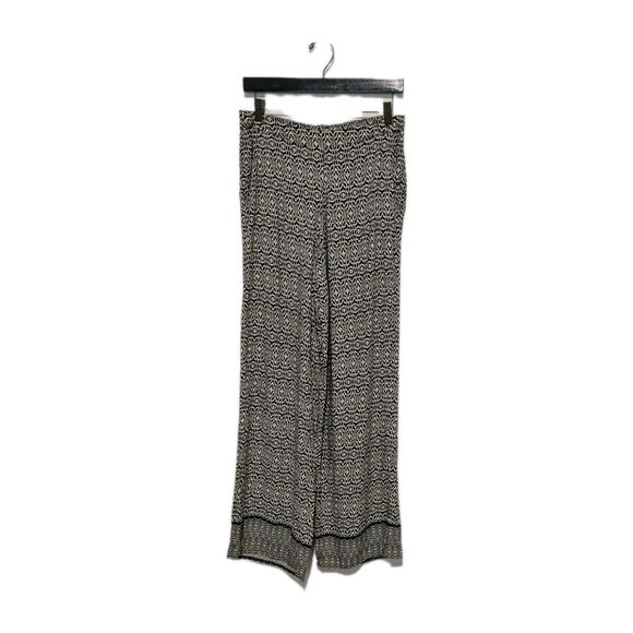 Solitaire Ikat Black Cream Print Rayon Pants M Wide Leg Pull On Contrast Hem - Picture 1 of 5